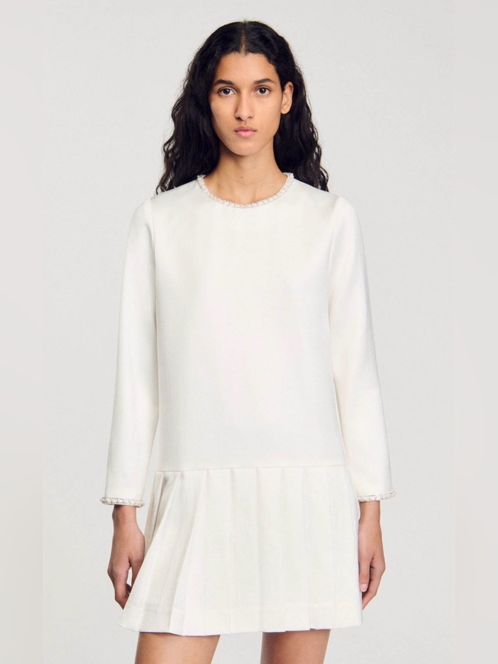 Sandro Paris Ecru Pearl Trim Mini Dress Size 10 NWT